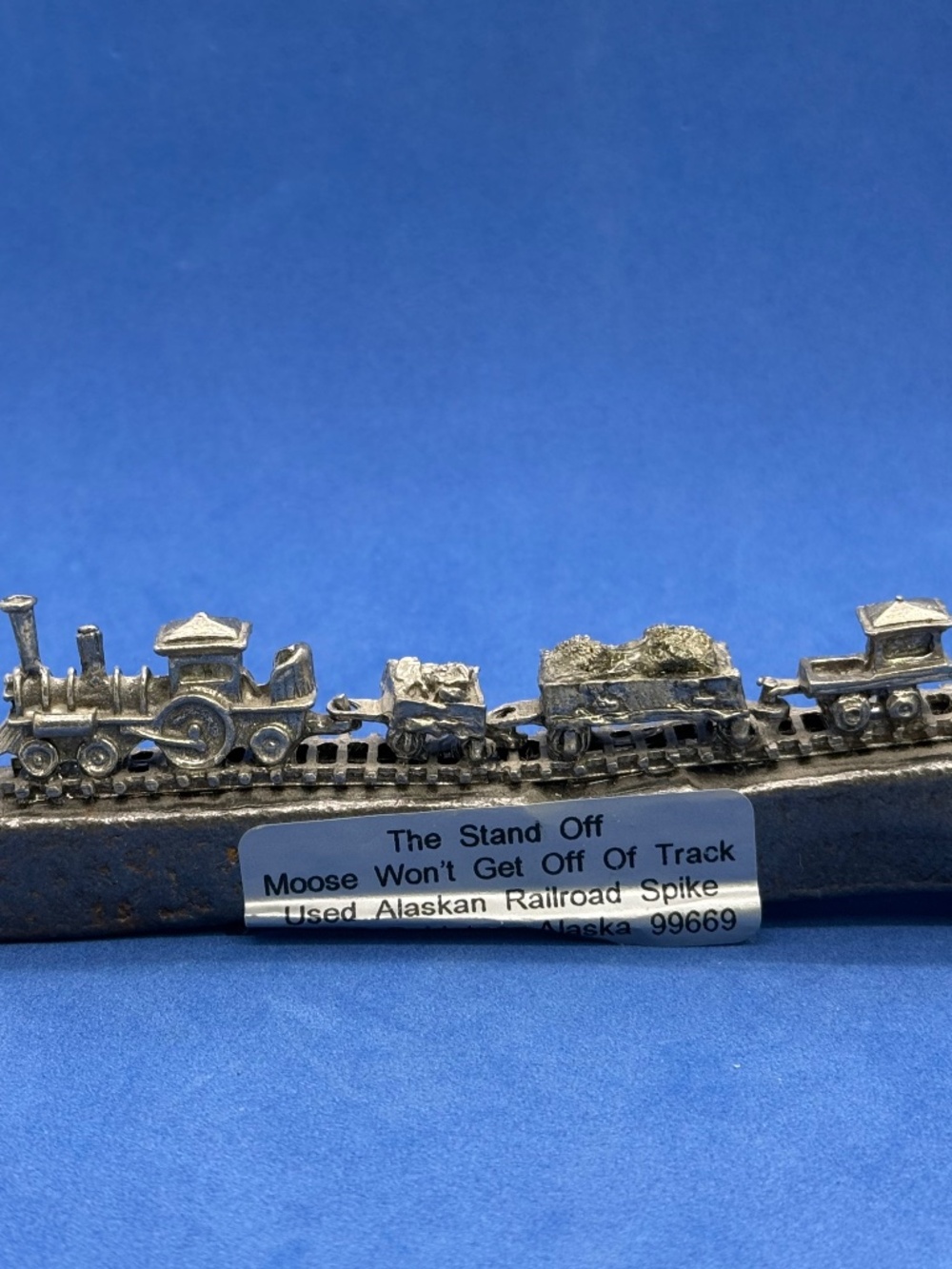 Vtg Alaskan Gold Train Railroad Pewter Spike "Moose Won't Get off the Tracks"